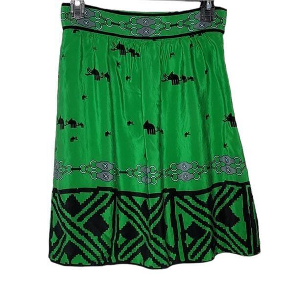 Tibi Green & Black Marching Elephant Printed 100% Silk Mini Skirt - Picture 1 of 10